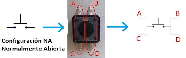 Una foto de un push button de 4 pines, mostrando cuáles son sus pines de conexión y cómo se vería internamente.