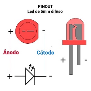Diodo Emisor de Luz (LED) mostrando el ánodo (pata larga) y cátodo (pata corta)