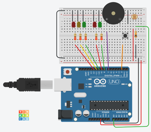 Diagrama de TINKERCAD mostrando el circuito completo del semáforo inteligente con LDR